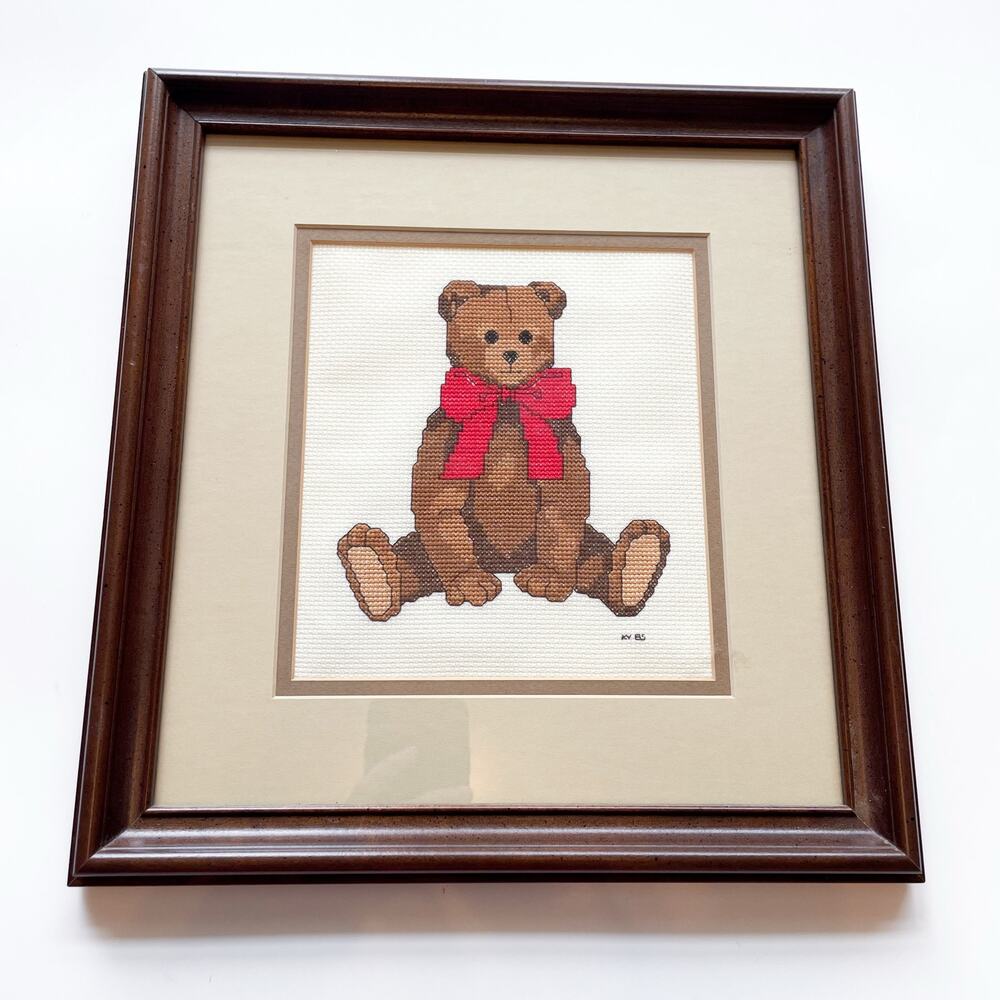 Vintage 80s Framed Teddy Bear Red Bow Cross Stitch Art Work 12" Nursery Decor